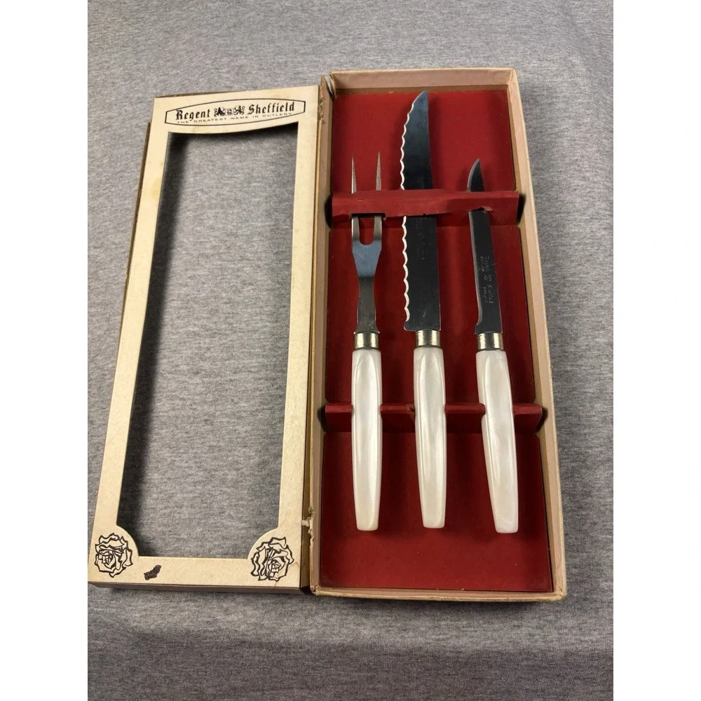 Vtg Regent Sheffield 3 Pc Party N Snack Host Serving Pearlex Handles Carving Set